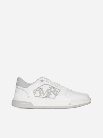 Shop Amiri Leather Low Sneakers In White,grey