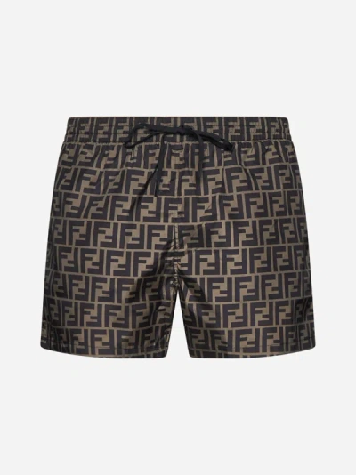 Shop Fendi Ff Print Swim Shorts In Tobacco,dark Brown