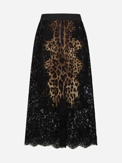Shop Dolce & Gabbana Animalier Print And Lace Midi Skirt In Black,leo