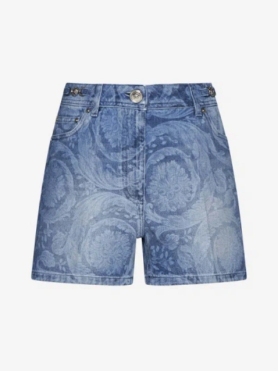 Shop Versace Barocco Denim Shorts In Mid Blue