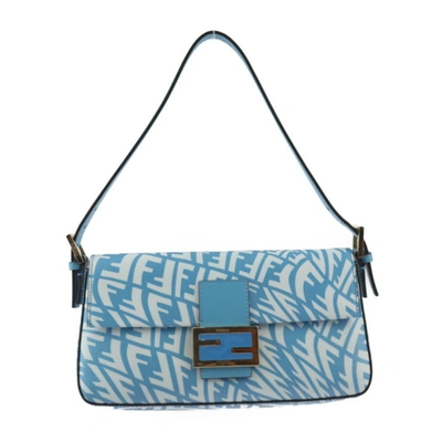 Shop Fendi Mamma Baguette Blue Canvas Shoulder Bag ()