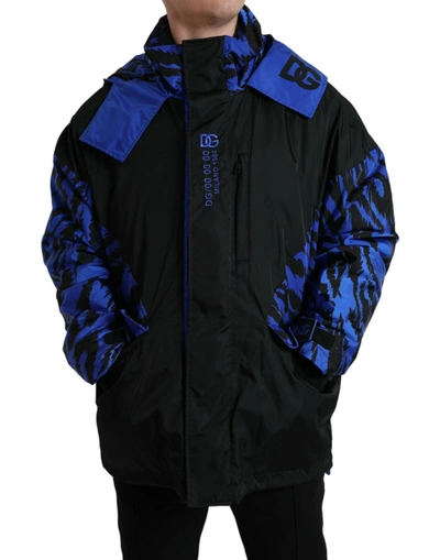 Shop Dolce & Gabbana Black Blue Hooded Windbreaker Coat Jacket