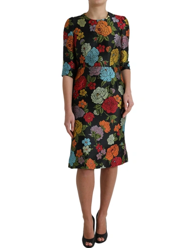 Shop Dolce & Gabbana Black Floral Embroidery Knee Length Dress