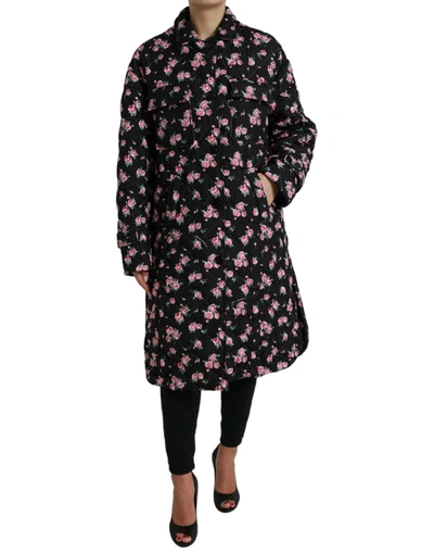 Shop Dolce & Gabbana Black Floral Collared Trench Coat Jacket