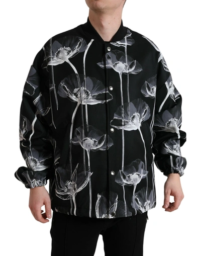 Shop Dolce & Gabbana Black Floral Print Wool Button Down Bomber Jacket