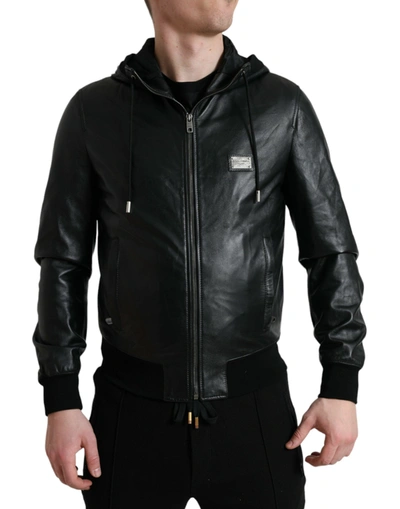Shop Dolce & Gabbana Black Leather Hooded Full Zip Logo Jacket