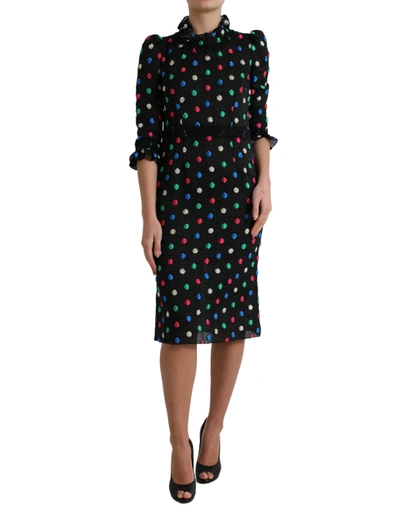 Shop Dolce & Gabbana Black Polka Dot Ruffle Cotton Midi Dress