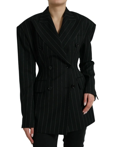 Shop Dolce & Gabbana Black Striped Wool Doublebreasted Coat Jacket