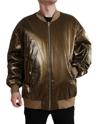 Shop Dolce & Gabbana Bronze Nylon Full Zip Men Bomber Jacket