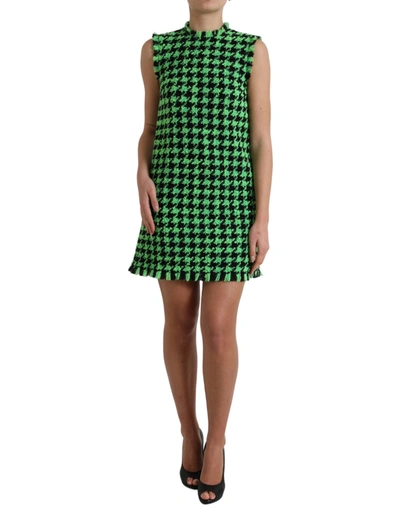 Shop Dolce & Gabbana Green Houndstooth Sleeveless Aline Mini Dress