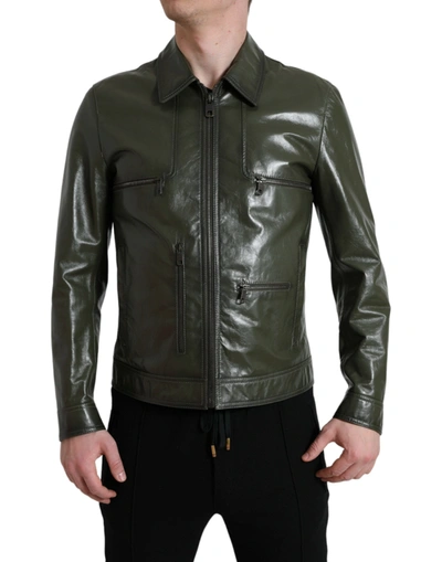 Shop Dolce & Gabbana Green Leather Collared Biker Full Zip Jacket
