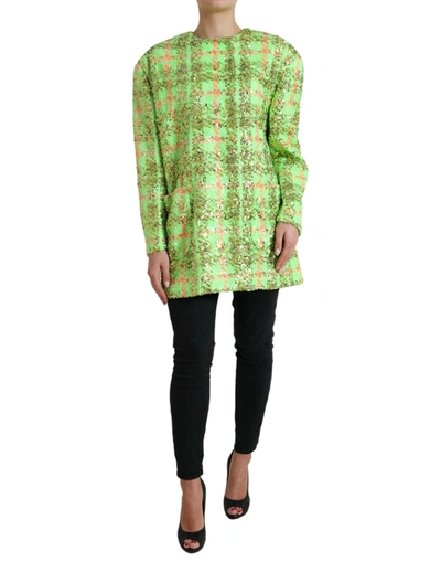 Shop Dolce & Gabbana Green Nylon Sequinned Checkered Coat Jacket