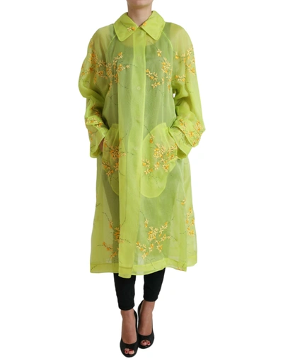 Shop Dolce & Gabbana Green Silk Floral Embroidery Long Coat Jacket