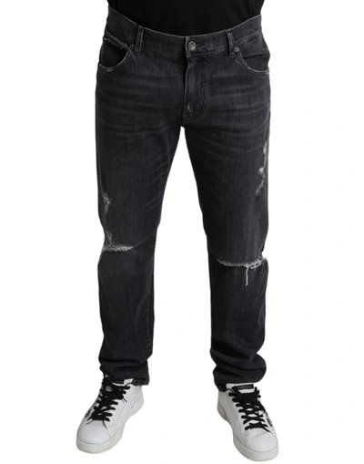 Shop Dolce & Gabbana Grey Tattered Cotton Slim Skinny Denim Jeans