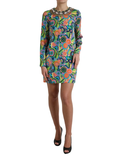 Shop Dolce & Gabbana Multicolor Geometric Print Silk Crystals Midi Dress