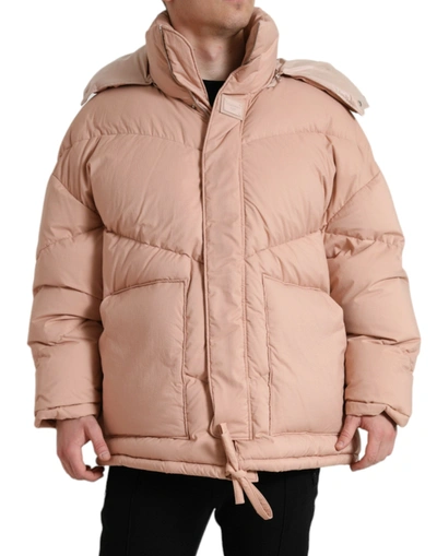 Shop Dolce & Gabbana Peach Polyester Hooded Puffer Winter Jacket
