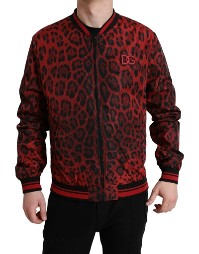 Shop Dolce & Gabbana Red Leopard Nylon Bomber Full Zip Jacket