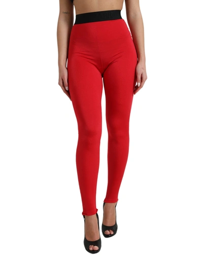 Shop Dolce & Gabbana Red Nylon Dg Logo Slim Leggings Pants