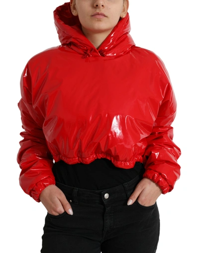 Shop Dolce & Gabbana Shiny Red Hooded Cropped Short Coat Jacket