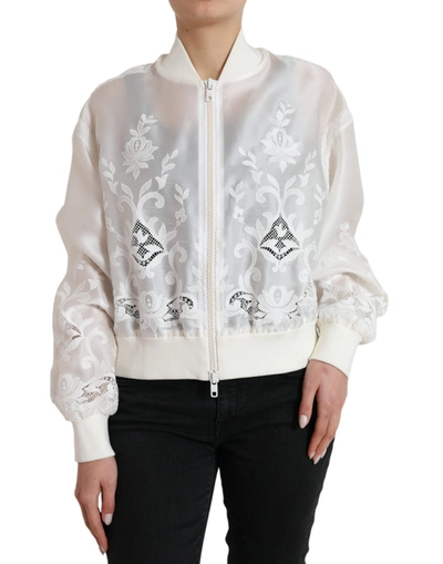 Shop Dolce & Gabbana White Floral Lace Silk Full Zip Bomber Jacket