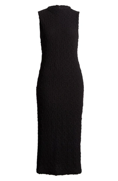 Shop Halogen (r) Puckered Cotton Blend Midi Dress In Rich Black