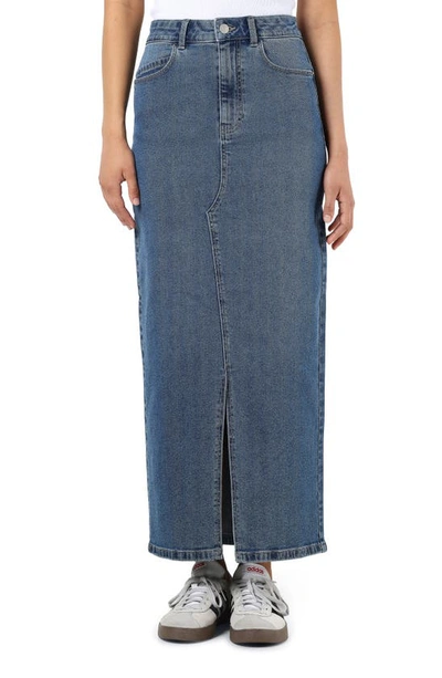Shop Noisy May Kath Front Slit Denim Maxi Skirt In Medium Blue Denim