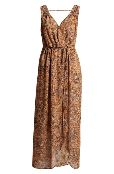 Shop Socialite Abstract Print Chiffon High-low Dress In Caramel/ Navy
