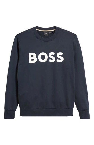 Shop Hugo Boss Soleri Logo Cotton Sweatshirt In Dark Blue