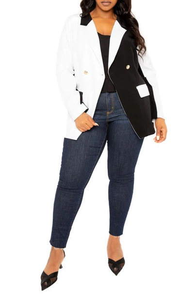 Buxom Couture Plus Size Contrast Double Breasted Blazer In Black White