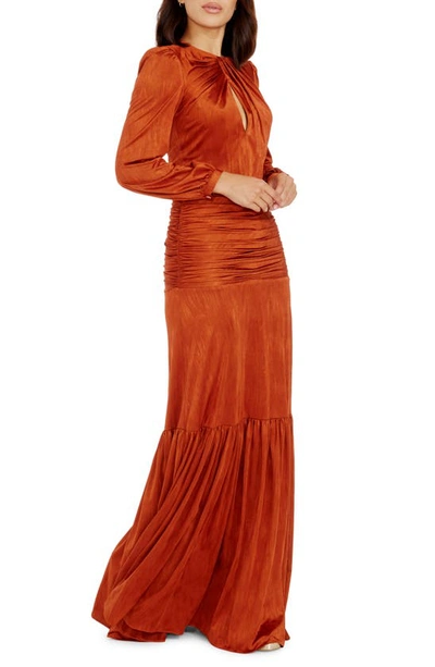 Shop Dress The Population Lucille Pleated Ruched Long Sleeve Gown In Burnt Orange