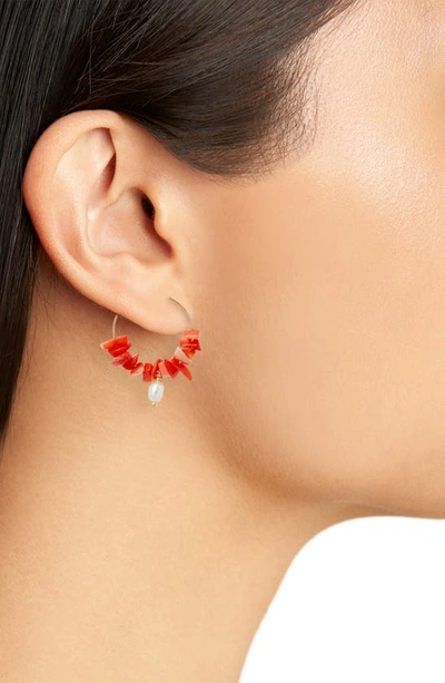 Shop Miju Coral & Pearl Embellished Hoop Earrings In Gold/red