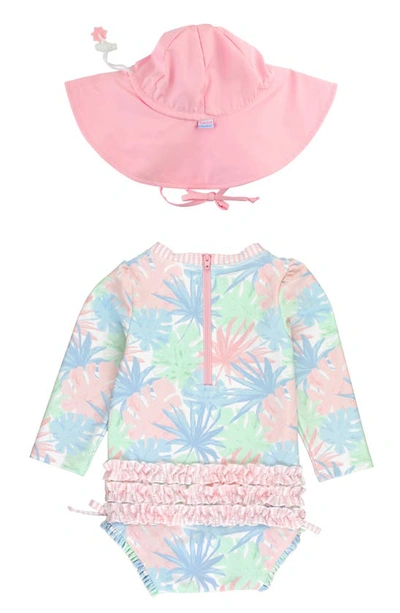 Shop Rufflebutts Pastel Palms Long Sleeve One-piece Swimsuit & Hat Set In Pink
