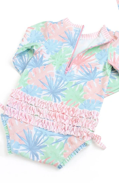 Shop Rufflebutts Pastel Palms Long Sleeve One-piece Swimsuit & Hat Set In Pink