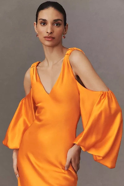 Shop Halston Binnie V-neck Puff-sleeve Satin Mermaid Gown In Orange