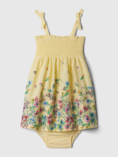 Shop Gap Baby Linen-cotton Smocked Dress In Maize Yellow