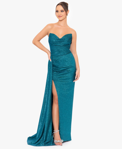 Shop Blondie Nites Juniors' Glittered Ruched Strapless Gown In Teal