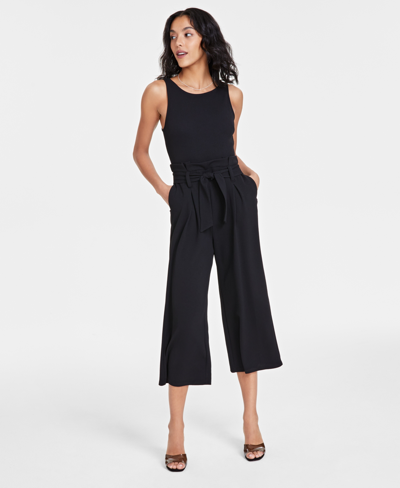 Shop Bar Iii Petite Belted Sleeveless Jumpsuit, Created For Macy's In Deep Black