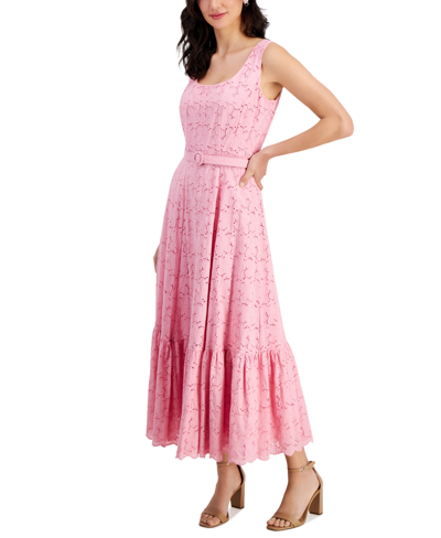 Shop Taylor Women's Boat-neck Belted Embroidered Eyelet Dress In Flamingo