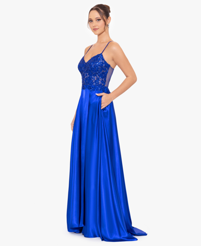Shop Blondie Nites Juniors' Sequin-bodice Sleeveless Gown In Royal