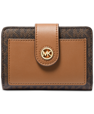 Shop Michael Kors Michael  Charm Small Tab Compact Pocket Wallet In Brown,acorn