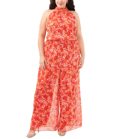 Shop Vince Camuto Plus Size Floral Print Halter Neck Sleeveless Jumpsuit In Tulip Red