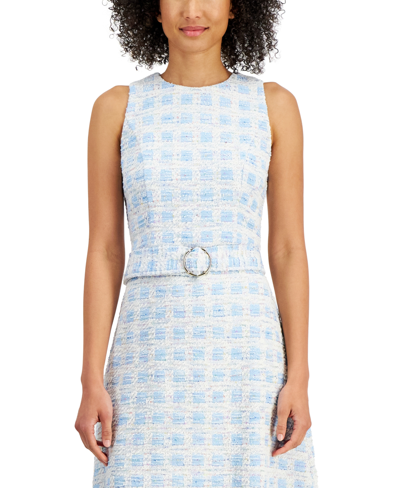 Shop Taylor Petite Sleeveless Belted A-line Tweed Dress In Sky Blue Multi