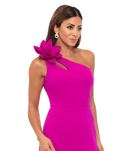 Xscape Women's One-shoulder Flower Side-slit Dress In New Fushia