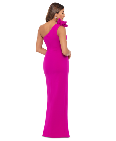 Xscape Women's One-shoulder Flower Side-slit Dress In New Fushia