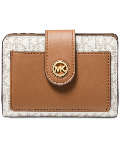 Shop Michael Kors Michael  Charm Small Tab Compact Pocket Wallet In Vanilla,acorn