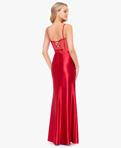 Shop Blondie Nites Juniors' Satin Sequined-lace Corset Gown In Red