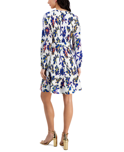 Shop Taylor Women's Printed Madeline Crepe Tie-waist Pleated Dress In White,sapphire Blue
