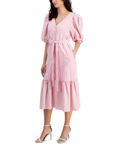 Shop Taylor Women's Gingham Check V-neck Tie-waist Midi Dress In Rose,cream