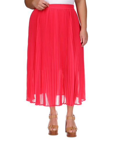 Shop Michael Kors Michael  Plus Size Pull-on Pleated Midi Skirt In Deep Pink