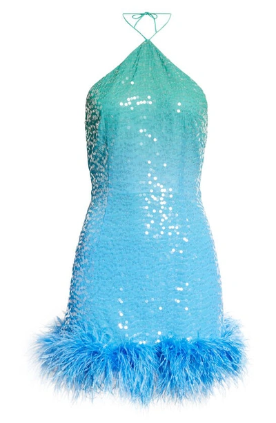 Shop Sau Lee Jewel Sequin Feather Trim Halter Dress In Green Blue Ombre